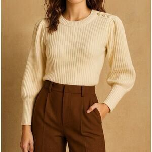Cream Wool Cashmere Puff Sleeve Sweater Pearl Shoulder Coquette Winter Knit L